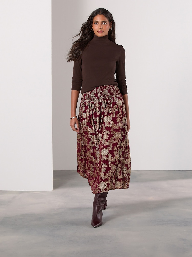 Burgundy Metallic Floral Midi Skirt - Image 1 of 8