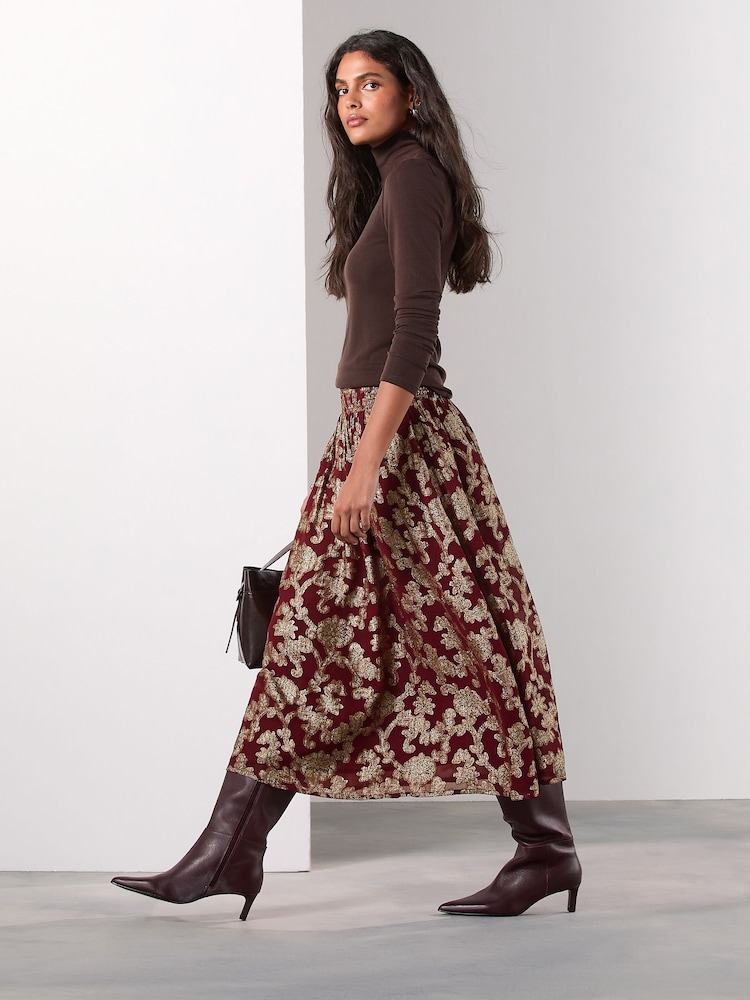 Burgundy Metallic Floral Midi Skirt - Image 2 of 8