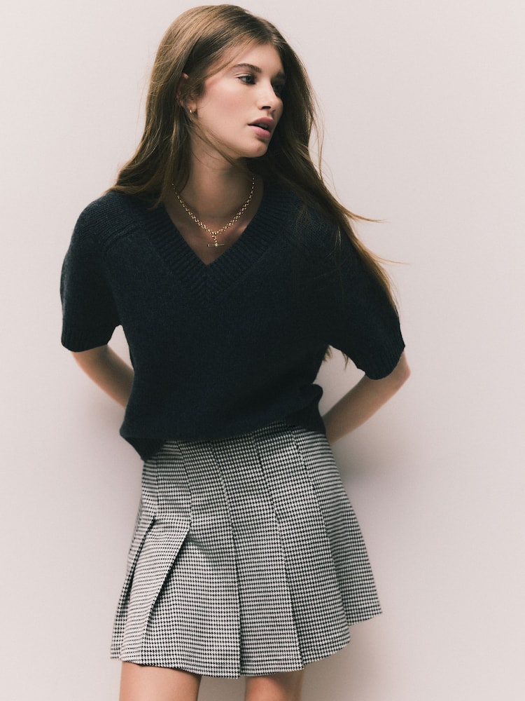 Monochrome Check Mini Jersey Pleated Skirt - Image 1 of 8
