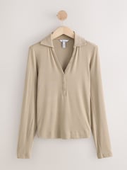 Neutral Long Sleeve Collar Polo Top - Image 1 of 3