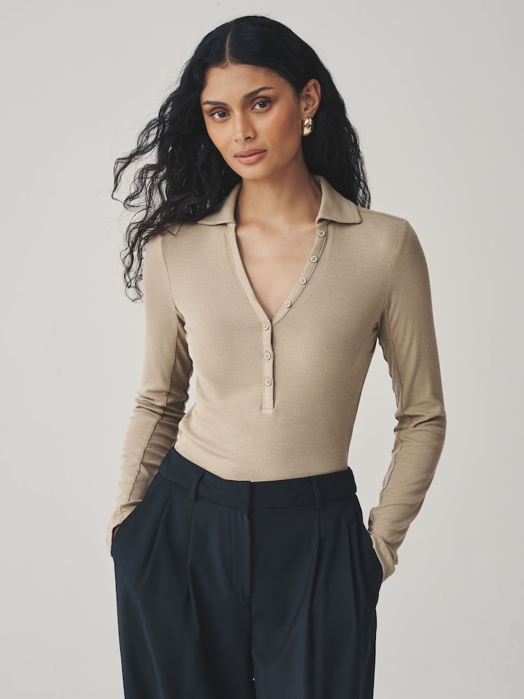 Neutral N. Premium Long Sleeve Collar Polo Top - Image 1 of 7 Neutral N. Premium Long Sleeve Collar Polo Top - Image 1 of 7