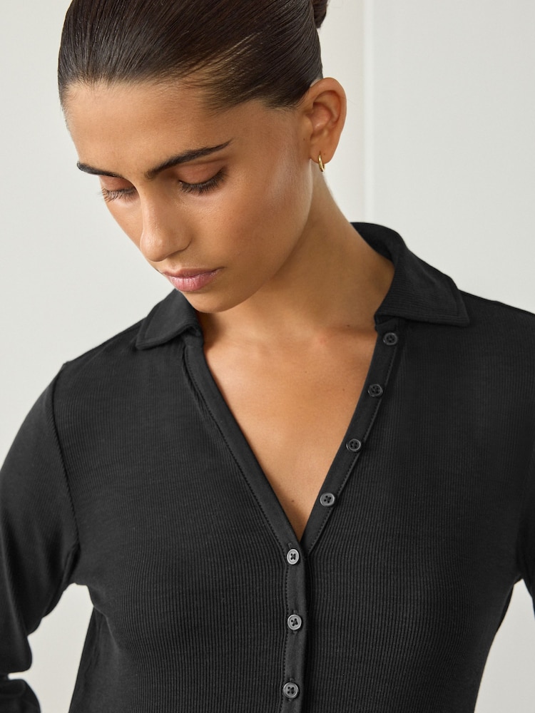Black Long Sleeve Collar Polo Top - Image 2 of 6