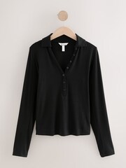 Black Long Sleeve Collar Polo Top - Image 4 of 6