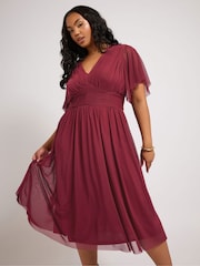 Yours Curve Red London Pleated Gathered V-Neck Dress - Image 1 of 9