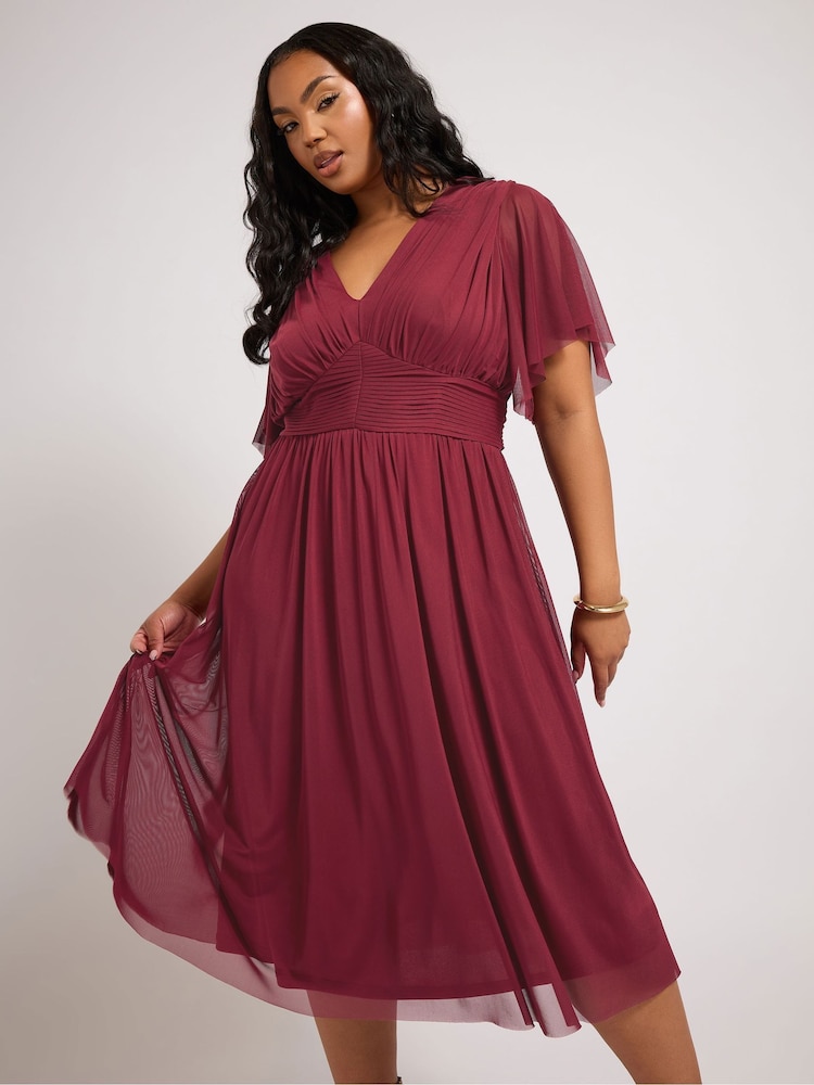 Yours Curve Red London Pleated Gathered V-Neck Dress - Image 1 of 9
