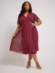 Yours Curve Red London Pleated Gathered V-Neck Dress - Image 2 of 9