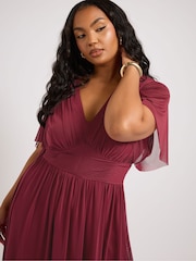 Yours Curve Red London Pleated Gathered V-Neck Dress - Image 4 of 9