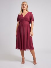 Yours Curve Red London Pleated Gathered V-Neck Dress - Image 5 of 9