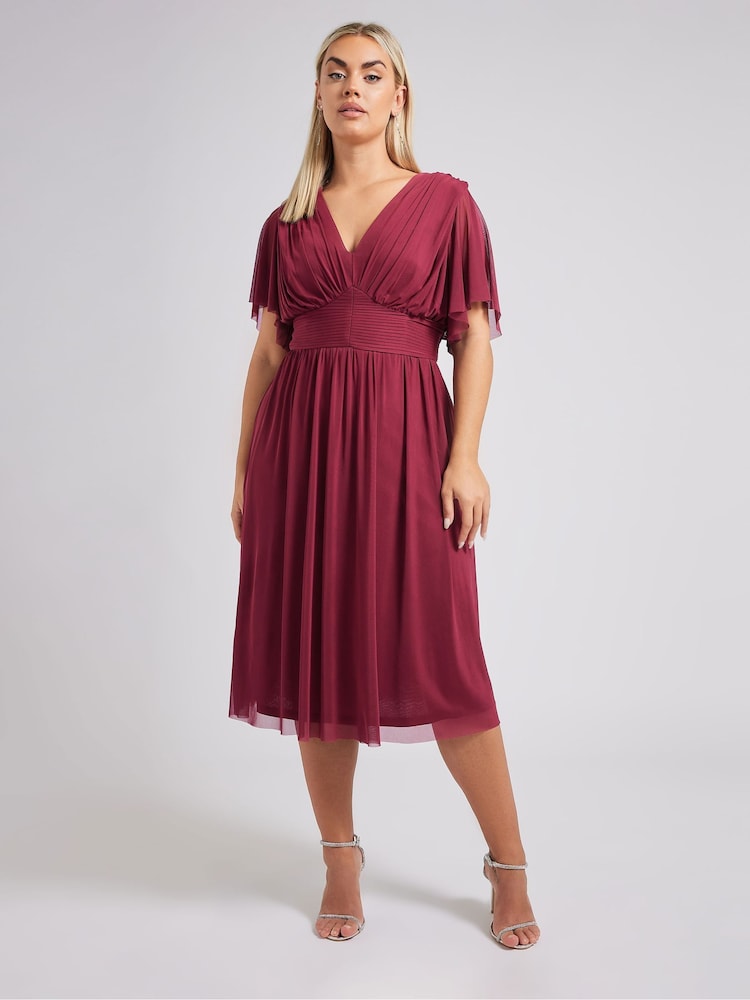 Yours Curve Red London Pleated Gathered V-Neck Dress - Image 1 of 4