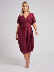 Yours Curve Red London Pleated Gathered V-Neck Dress - Image 6 of 9