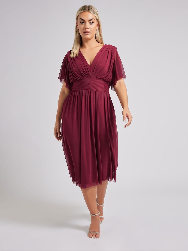 Yours Curve Red London Pleated Gathered V-Neck Dress - Image 2 of 4