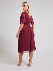 Yours Curve Red London Pleated Gathered V-Neck Dress - Image 8 of 9