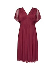 Yours Curve Red London Pleated Gathered V-Neck Dress - Image 9 of 9