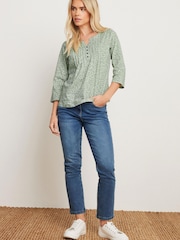 M&Co Green 100% Cotton Petite 3/4 Sleeve Henley Blouses - Image 1 of 5