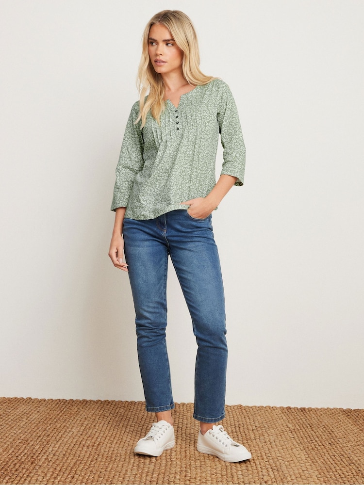 M&Co Green 100% Cotton Petite 3/4 Sleeve Henley Blouses - Image 2 of 5