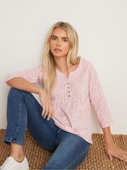 M&Co Pink 100% Cotton Petite 3/4 Sleeve Henley Blouses - Image 4 of 5