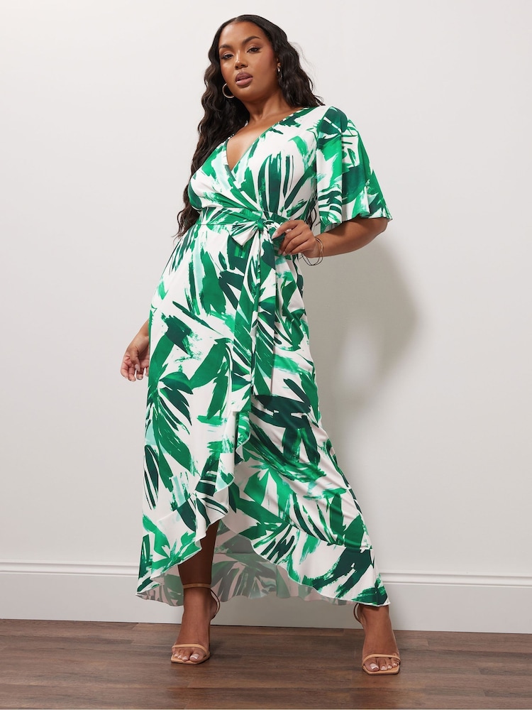 Yours Curve Ivory Botanical London Ruffle Wrap Dress - Image 2 of 5
