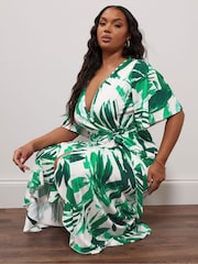 Yours Curve Ivory Botanical London Ruffle Wrap Dress - Image 4 of 5