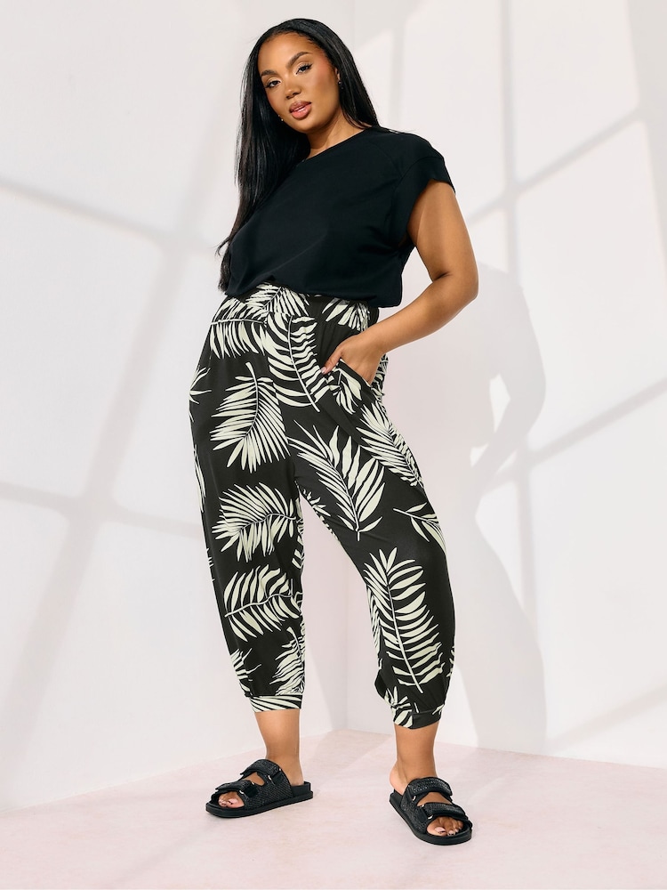 Yours Curve Black Jersey Crop Harem Trousers - Image 1 of 5