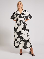 Yours Curve Black London Faux Linen Angel Sleeve Dress - Image 1 of 6