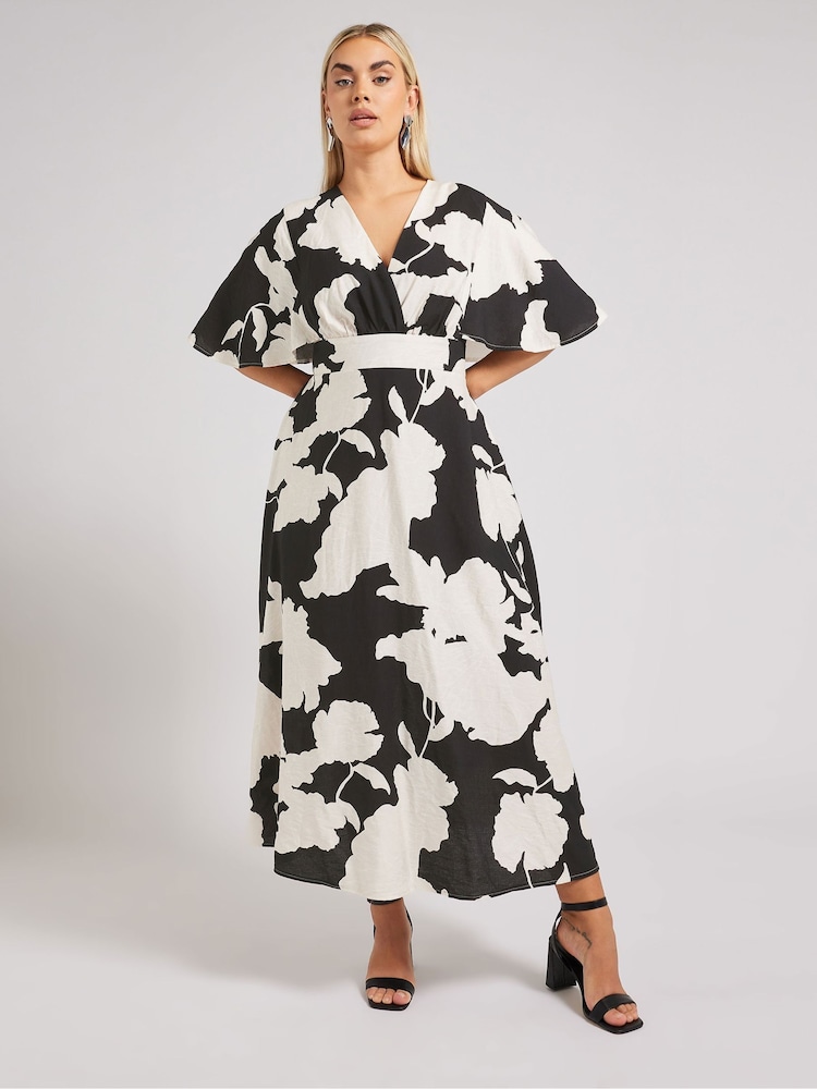 Yours Curve Black London Faux Linen Angel Sleeve Dress - Image 1 of 6