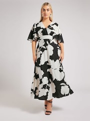 Yours Curve Black London Faux Linen Angel Sleeve Dress - Image 2 of 6