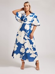 Yours Curve Blue London Faux Linen Angel Sleeve Dress - Image 1 of 5