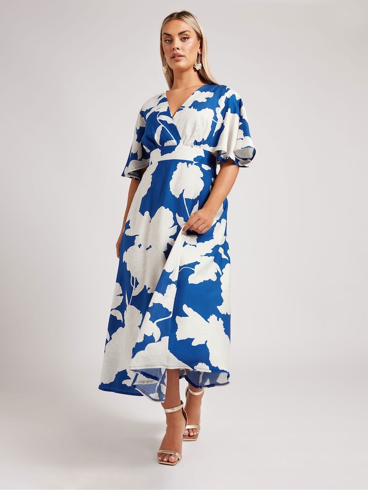 Yours Curve Blue London Faux Linen Angel Sleeve Dress - Image 2 of 5