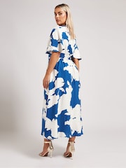Yours Curve Blue London Faux Linen Angel Sleeve Dress - Image 3 of 5
