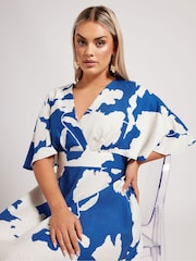 Yours Curve Blue London Faux Linen Angel Sleeve Dress - Image 4 of 5