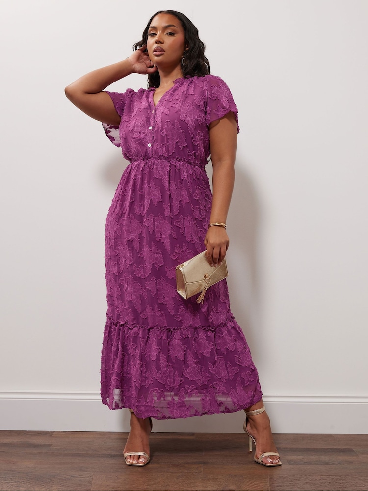 Yours Curve Purple London Floral Burn Out Jacquard Dress - Image 1 of 4
