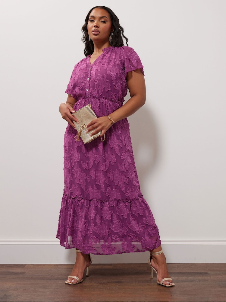 Yours Curve Purple London Floral Burn Out Jacquard Dress - Image 2 of 4