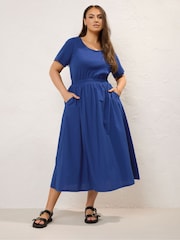 Yours Curve Blue 100% Cotton Mixed Fabric Skater Midaxi Dress - Image 1 of 5