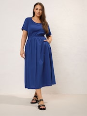 Yours Curve Blue 100% Cotton Mixed Fabric Skater Midaxi Dress - Image 2 of 5