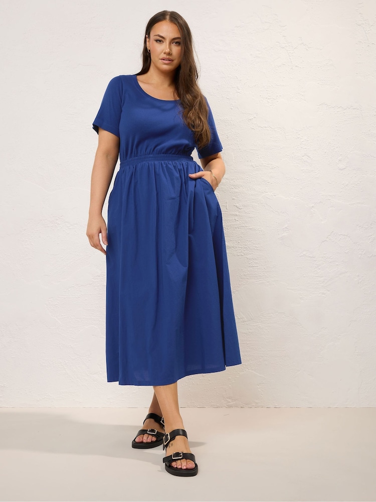 Yours Curve Blue 100% Cotton Mixed Fabric Skater Midaxi Dress - Image 2 of 5