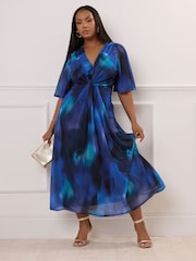 Yours Curve Blue London Knot Front Angel Sleeve Dress - Image 1 of 4