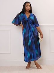 Yours Curve Blue London Knot Front Angel Sleeve Dress - Image 2 of 4