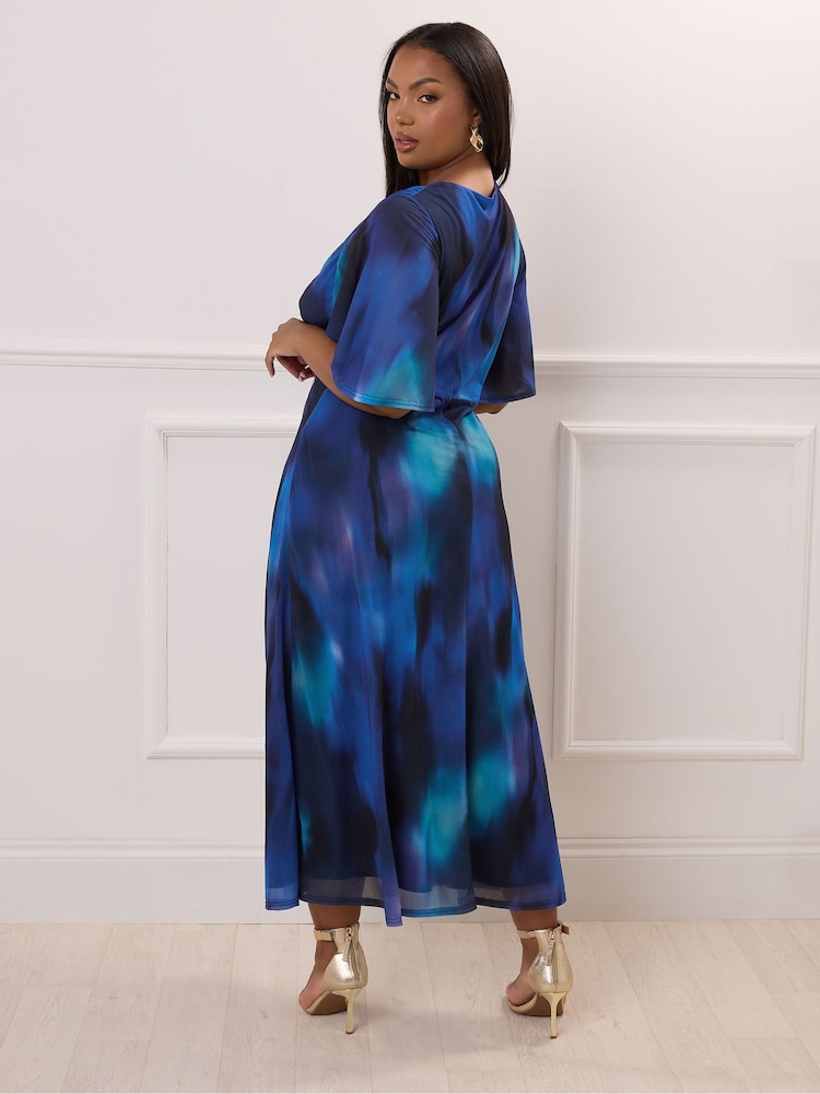 Yours Curve Blue London Knot Front Angel Sleeve Dress - Image 2 of 3
