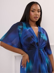 Yours Curve Blue London Knot Front Angel Sleeve Dress - Image 4 of 4