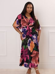 Yours Curve Black London Knot Front Angel Sleeve Dress - Image 1 of 4