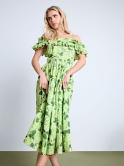 PixieGirl Petite Green Pleated Bardot 100% Cotton Dress - Image 1 of 4
