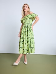 PixieGirl Petite Green Pleated Bardot 100% Cotton Dress - Image 2 of 4