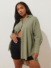 Yours Curve Green Long Sleeve Linen Shirt - Image 1 of 5