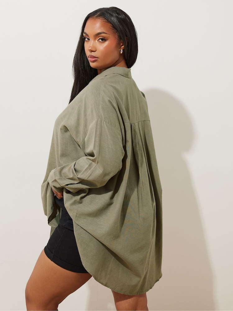 Yours Curve Green Long Sleeve Linen Shirt - Image 2 of 5