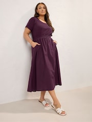 Yours Curve Purple 100% Cotton Mixed Fabric Skater Midaxi Dress - Image 1 of 5