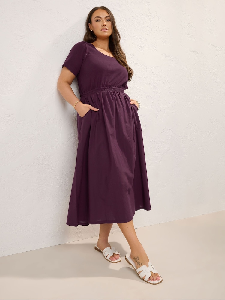 Yours Curve Purple 100% Cotton Mixed Fabric Skater Midaxi Dress - Image 1 of 5