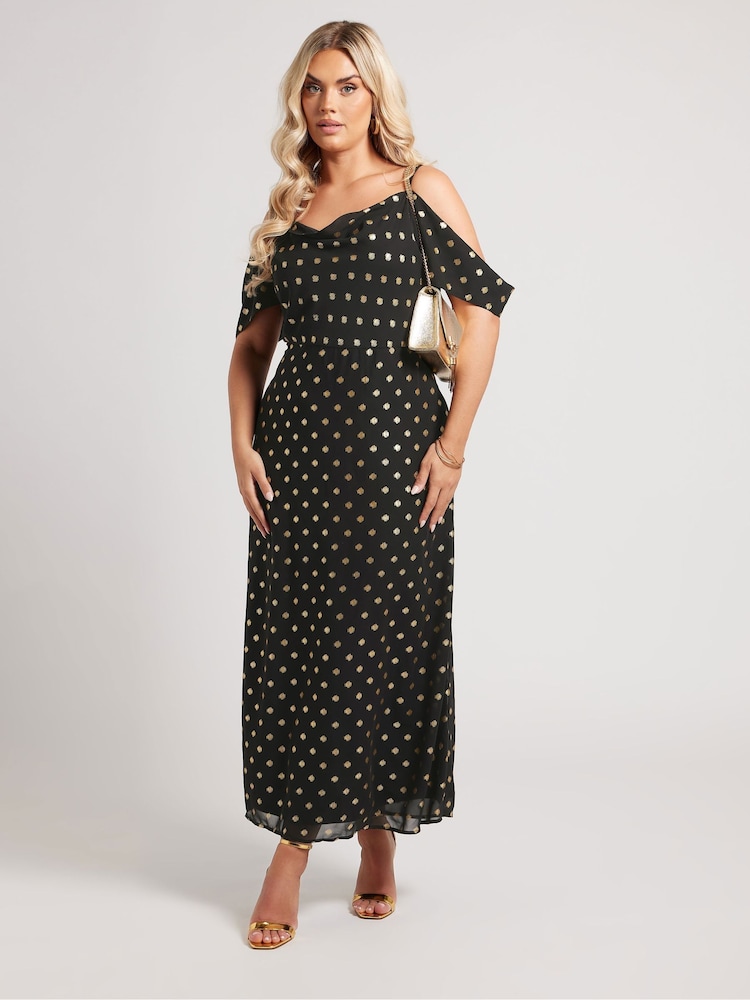 Yours Curve Black London Foil Cold Shoulder Dress - Image 1 of 6