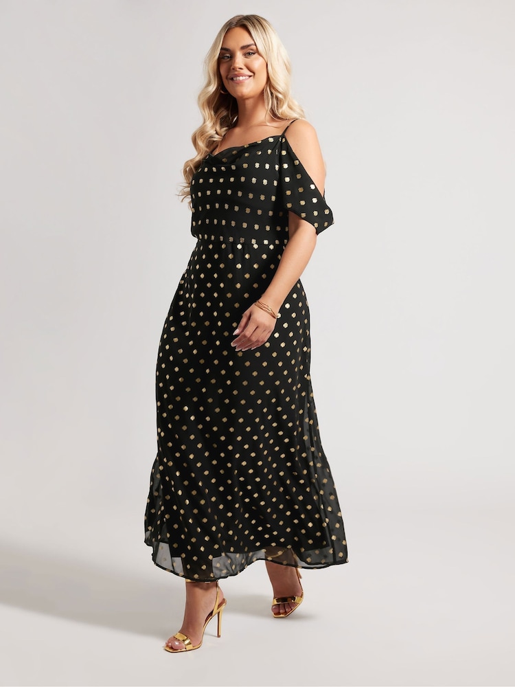 Yours Curve Black London Foil Cold Shoulder Dress - Image 2 of 6