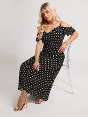 Yours Curve Black London Foil Cold Shoulder Dress - Image 5 of 6
