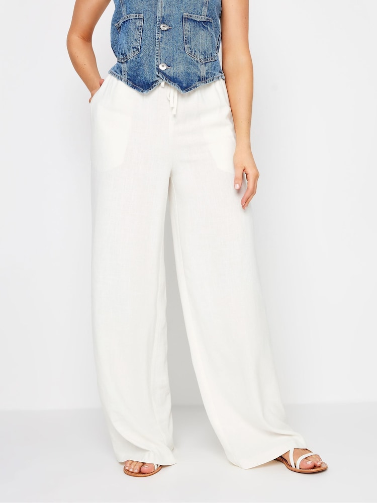 Long Tall Sally White Linen Tie Waist Wide Leg Trousers L34 - Image 1 of 6